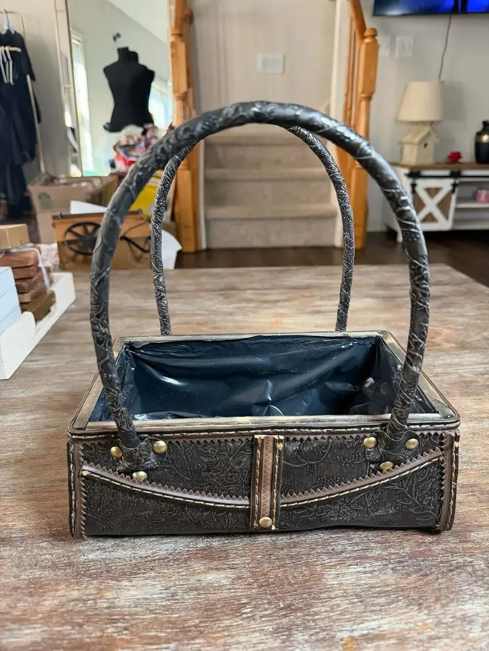 Faux Leather Embossed Floral Purse Style Decorative Planter Basket